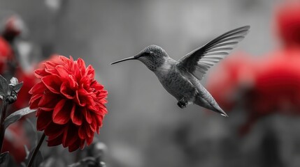 Hummingbird near red flower