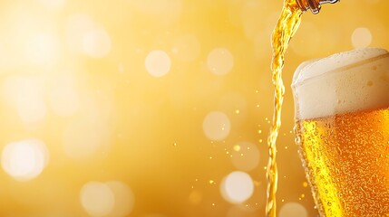 Golden beer pouring into a glass with frothy head and bokeh lights