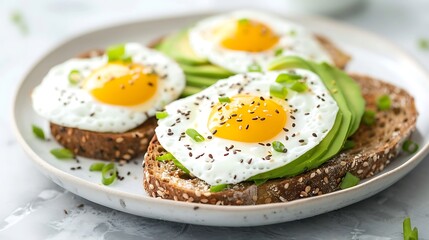 Hearty avocado toast with fried eggs and fresh chives