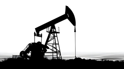 Oil pump jack silhouette against a bright sky a black and white image