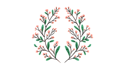 Floral branch with pink blossoms and green leaves forming a symmetrical design isolated on transparent background