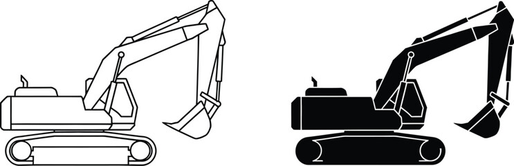 Outline and solid black excavators on a white background view