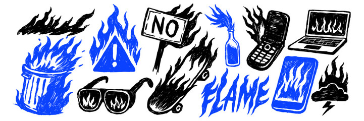 Doodle sketch set of flames, burning trashcan, laptop, smartphone, skateboard, molotov cocktail and signs in crayon scribble
