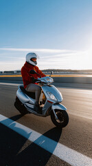 Obraz premium Young caucasian male riding silver scooter on open road
