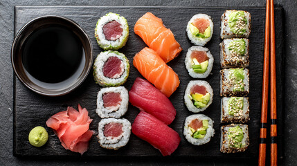Delicious sushi platter with salmon tuna avocado rolls and soy sauce on black background close up view