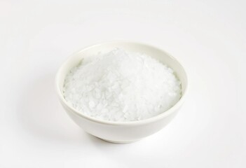 A white bowl filled with monosodium glutamate crystals against a pure white backdrop,  powder,  condiment
