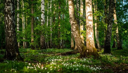 Sunlight filtering through a birch forest