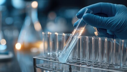 A gloved hand holds a test tube, positioned among other test tubes in a rack.  Laboratory equipment and blurred figures are visible in the background