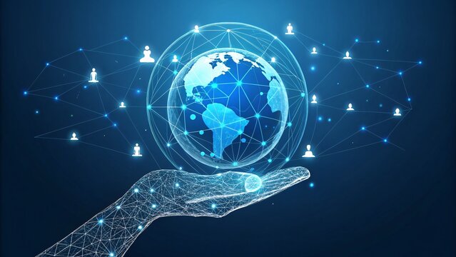 Global network connecting people worldwide with digital hand holding planet earth hologram for metaverse future
