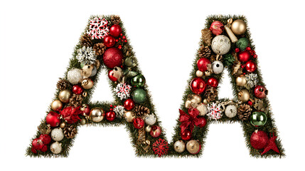 Festive Christmas letter A decorations ornaments pine cones greenery