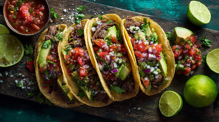 Delicious beef tacos with avocado and salsa recipe on a wooden board for mexican food lovers