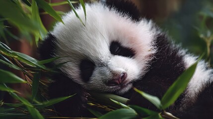 Sleeping baby panda cuddling bamboo, cute and peaceful in nature. Concept : Wildlife photography, baby animals, cuteness, calm and peaceful nature, panda conservation, natural habitat