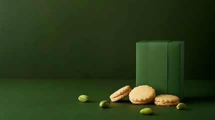 Elegant green display of macarons and grapes on dark background