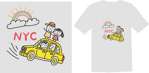 A playful doodle illustration of a family on top of a yellow New York City taxi under a rainbow