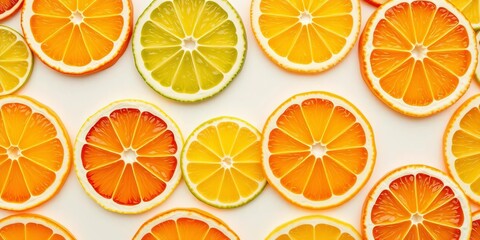 Geometric citrus slices overlap in vibrant pattern on white, composition, abstract