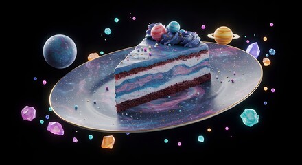 A surreal slice of cosmic galaxy cake with planetary decorations on a Saturn-like plate, floating in space among shimmering celestial objects.