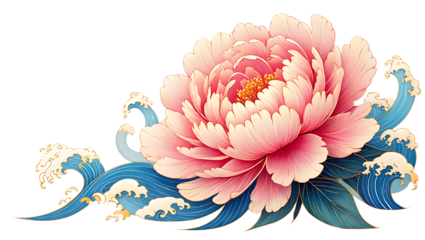 Pink peony flower with blue waves in japanese style isolated on transparent background