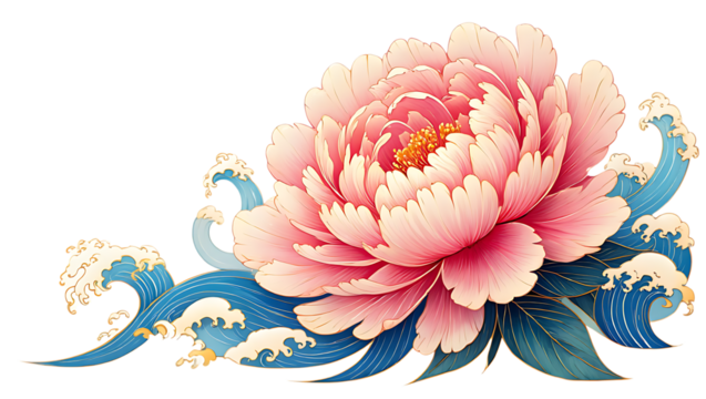 Pink peony flower with blue waves in japanese style isolated on transparent background