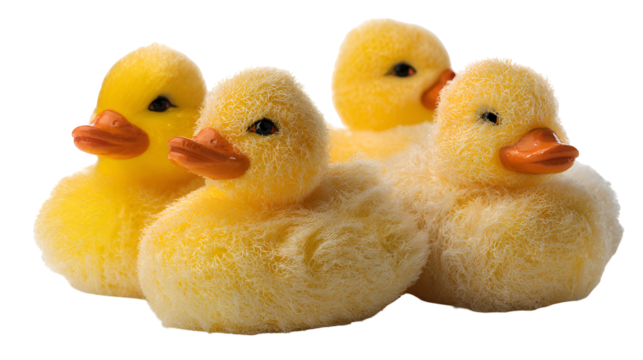 Four fluffy yellow ducklings together a cute group of bath toys