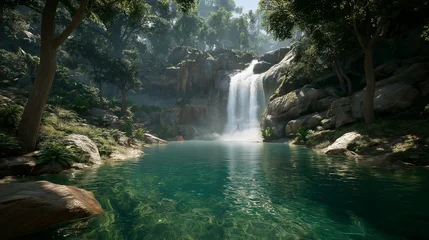 Fototapete Hotel Serene waterfall oasis scenic landscape nature photography travel destination wallpaper background image 4k hd  © DesignsBurner