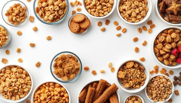 Several bowls of various cereals, cookies, and granola arranged on a white background, flaky, beige