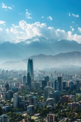 Celebrating chilean independence day with Santiago cityscape and andes mountains. Vertical banner. Copy space. Chile National Day. Postcard from Chile