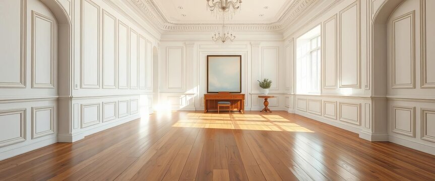 Sunlit white paneled room, elegant wood floors, ideal Zoom background,  room,  office