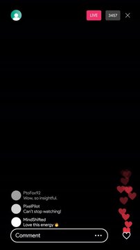 Social media livestream interface with hearts, comments, LIVE badge, like fountain and chat UI. Vertical smartphone stream interface for TikTok and Instagram. Transparent alpha MOV overlay