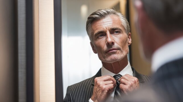 Mature man adjusting tie in front of mirror