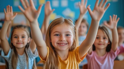 Fototapeta premium Classroom scene: Children raise hands to answer, Back To School concept, selective - focus backdrop. Ideal for educational themes, study - related content, school - start promotions