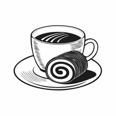 Tasty Cup of Coffee and Swiss Roll Cake on a Plate image vector isolated on white background.