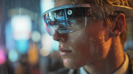 Man wearing augmented reality glasses in cyberpunk city street at night in the rain close up view