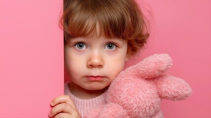 Fototapeta premium Caucasian female child with pink toy against pink background