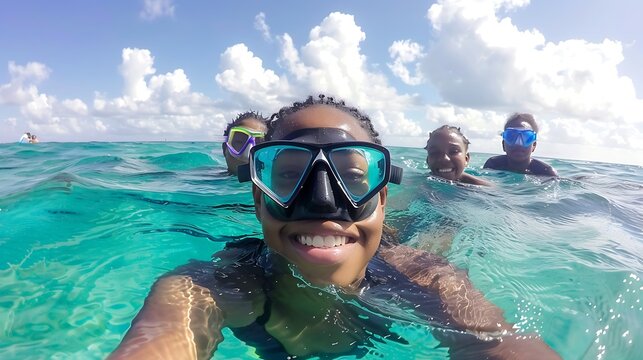 Joyful snorkeler captures underwater adventure with friends