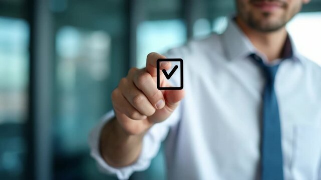 Businessman touching to tick correct mark in virtual checklist with progressive loading status to remind work task progressive for project develop management and tracking concept..