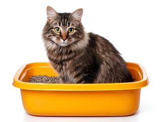 Fluffy cat sitting in yellow litter box filled with clumping litter