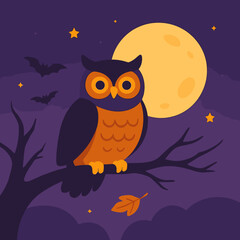 Halloween Owl on Branch: Cute Cartoon Illustration