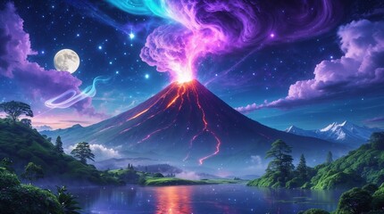 Majestic Volcano Erupting with Cosmic Lava under Starry Sky
