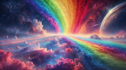 Cosmic Rainbow Over Planetary Horizon in a Vibrant Galaxy