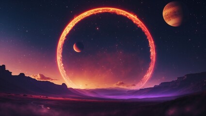 Fiery Cosmic Eclipse over Alien Landscape with Distant Planets
