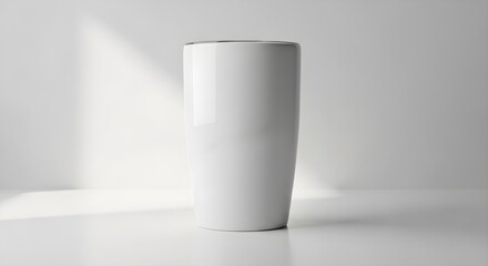 A tall, white, cylindrical tumbler stands on a white surface against a white background, illuminated by natural light casting subtle shadows.