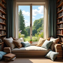  Cozy reading nook with cushions and books, open window to garden, morning glow, dreamy vibe