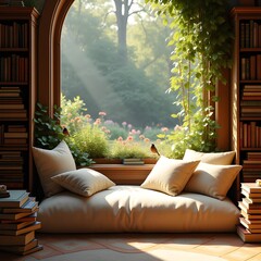 Cozy reading nook with cushions and books, open window to garden, morning glow, dreamy vibe