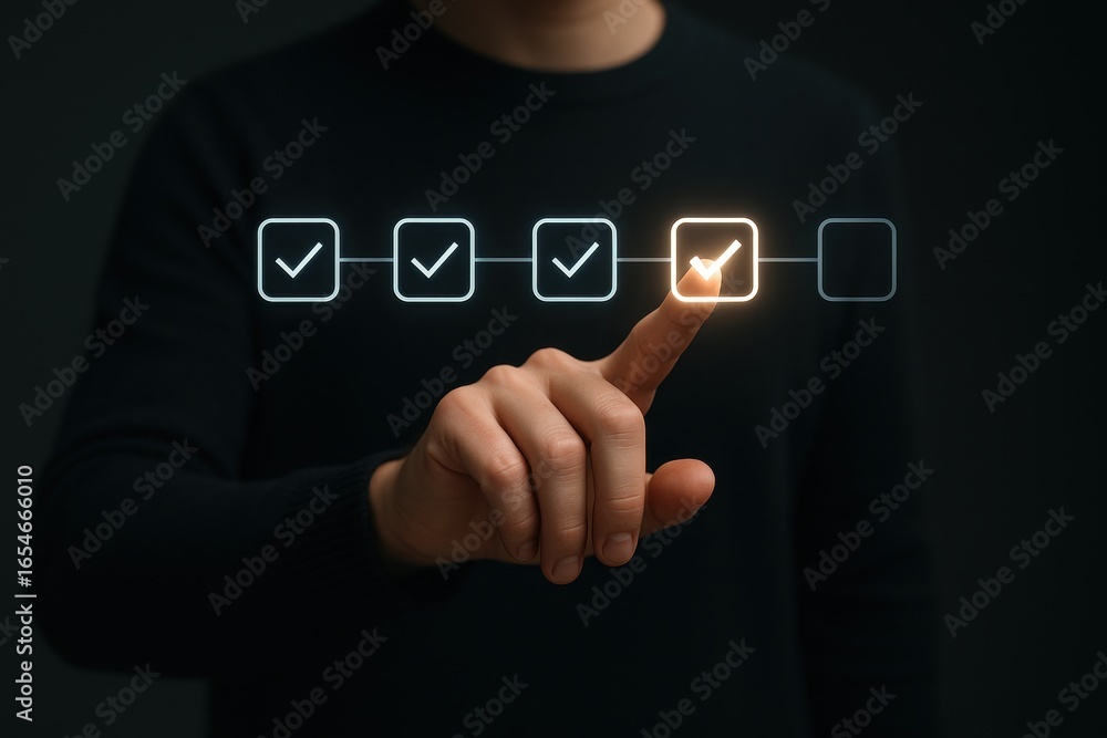 Poster task accomplished: achieving perfection: a close-up of a finger selecting the final checkmark on a r
