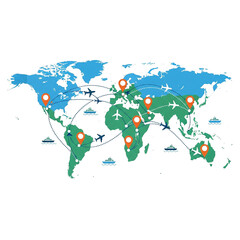 World map with global travel routes, airplane and ship transportation logistics for international destinations.