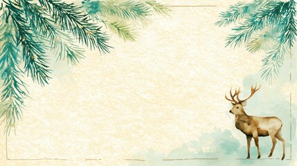 Watercolor Christmas background with pine branches and deer, blank space on textured beige, ideal for wallpaper poster invitation, representing winter festive nature design.