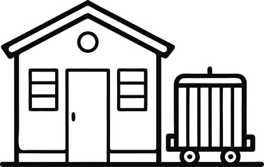 Tiny House with Container Outline Icon – Minimalist Modular Home Vector Illustration on White Background