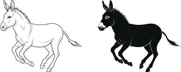 Donkey outline and silhouette running in grass illustration