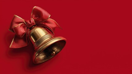Luxurious Christmas bell adorned with a red bow on a vibrant red background, ideal for wallpaper and poster, embodying festive elegance and holiday charm.