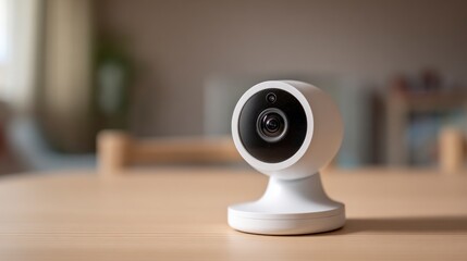 Modern security camera on wooden table